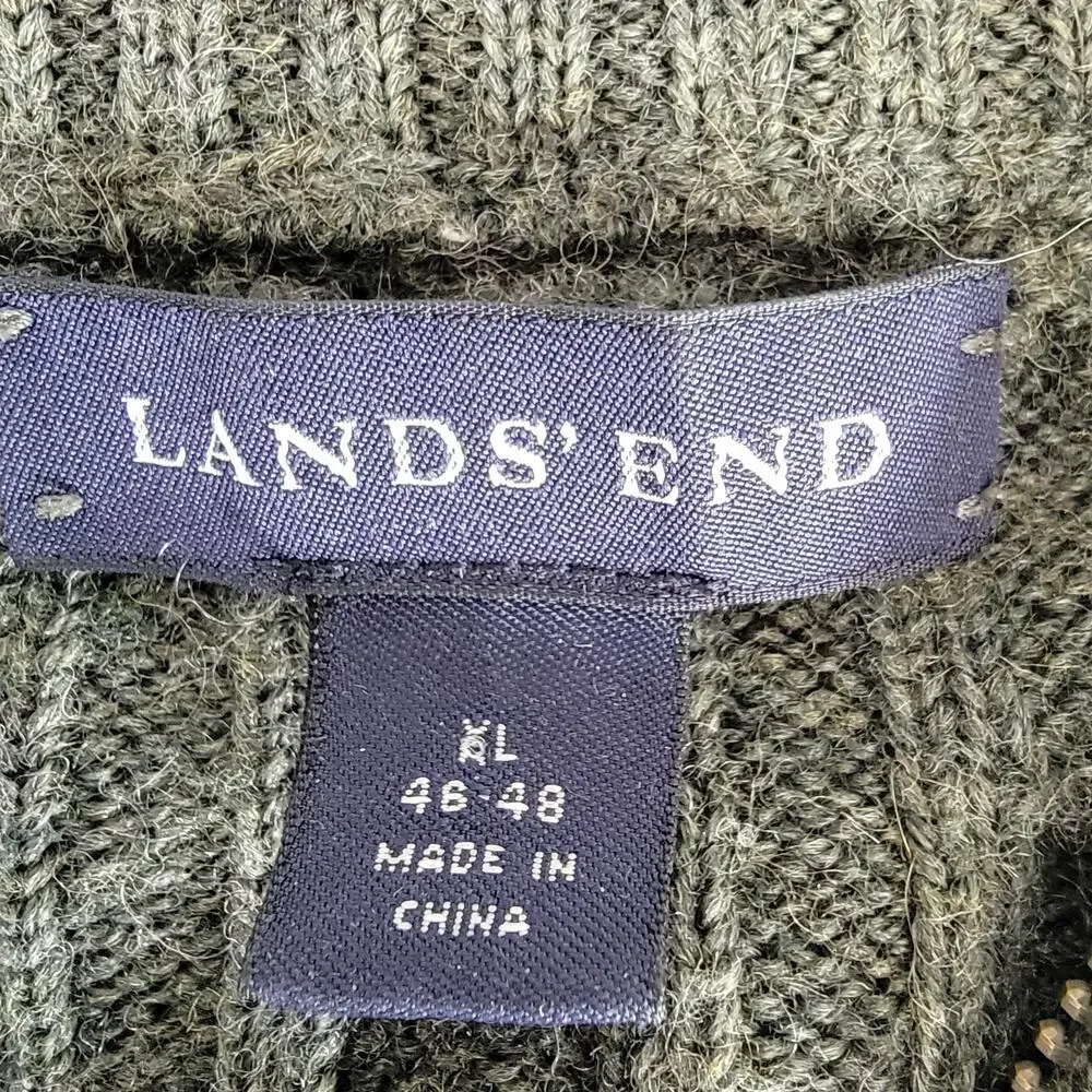 Lands End 100% Wool Cable Knit Sweater Mens XL Green Office Preppy Fisherman Zip